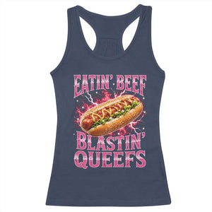 Eatin Beef Blastin' Queefs Funny Embarrassing Hot Dog Retro Bootleg Racerback Tank Top TS11 Navy Print Your Wear
