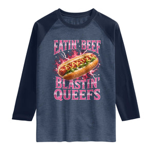 Eatin Beef Blastin' Queefs Funny Embarrassing Hot Dog Retro Bootleg Raglan Shirt TS11 Heather Denim Navy Print Your Wear