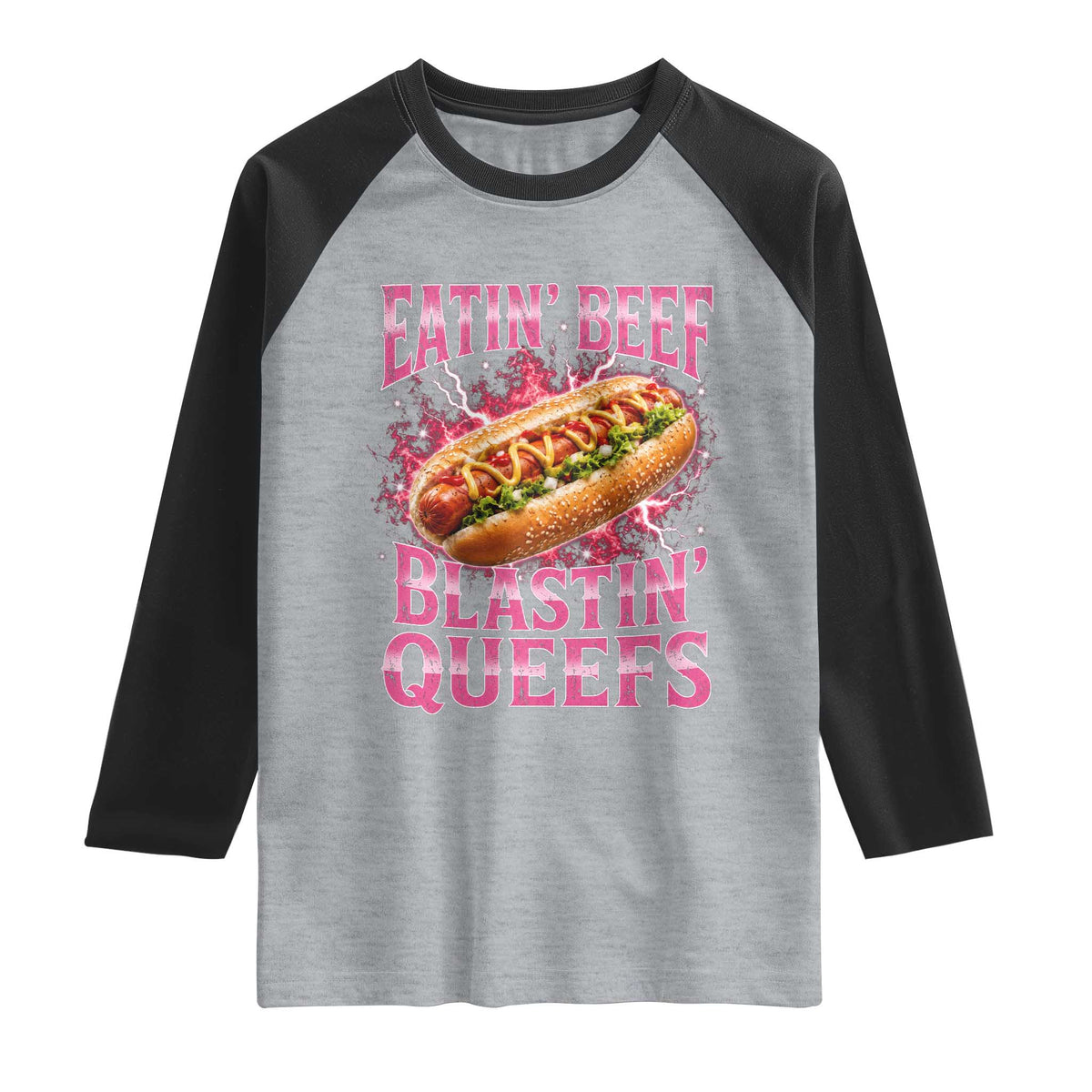 Eatin Beef Blastin' Queefs Funny Embarrassing Hot Dog Retro Bootleg Raglan Shirt TS11 Heather Gray Black Print Your Wear