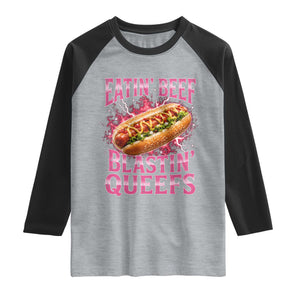 Eatin Beef Blastin' Queefs Funny Embarrassing Hot Dog Retro Bootleg Raglan Shirt TS11 Heather Gray Black Print Your Wear