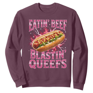 Eatin Beef Blastin' Queefs Funny Embarrassing Hot Dog Retro Bootleg Sweatshirt TS11 Maroon Print Your Wear