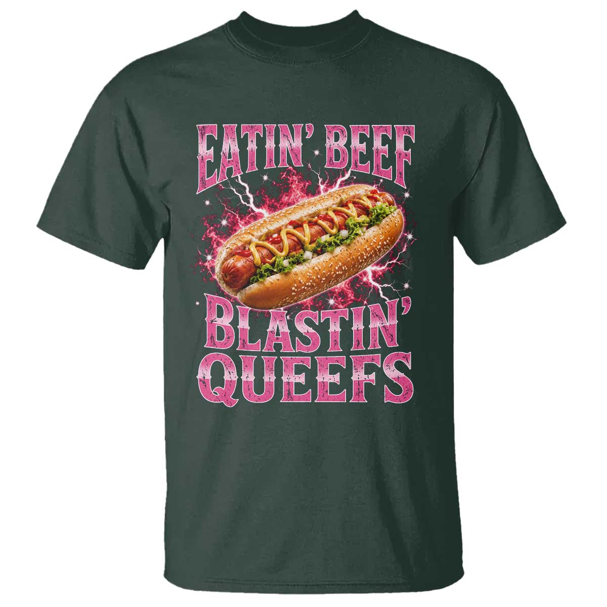 Eatin Beef Blastin' Queefs Funny Embarrassing Hot Dog Retro Bootleg T Shirt TS11 Dark Forest Green Print Your Wear