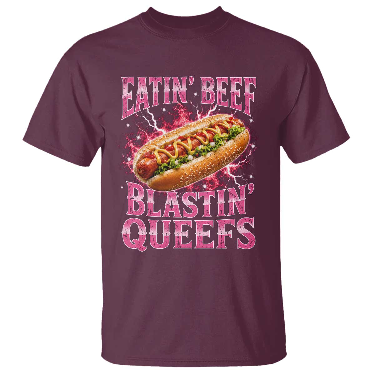 Eatin Beef Blastin' Queefs Funny Embarrassing Hot Dog Retro Bootleg T Shirt TS11 Maroon Print Your Wear