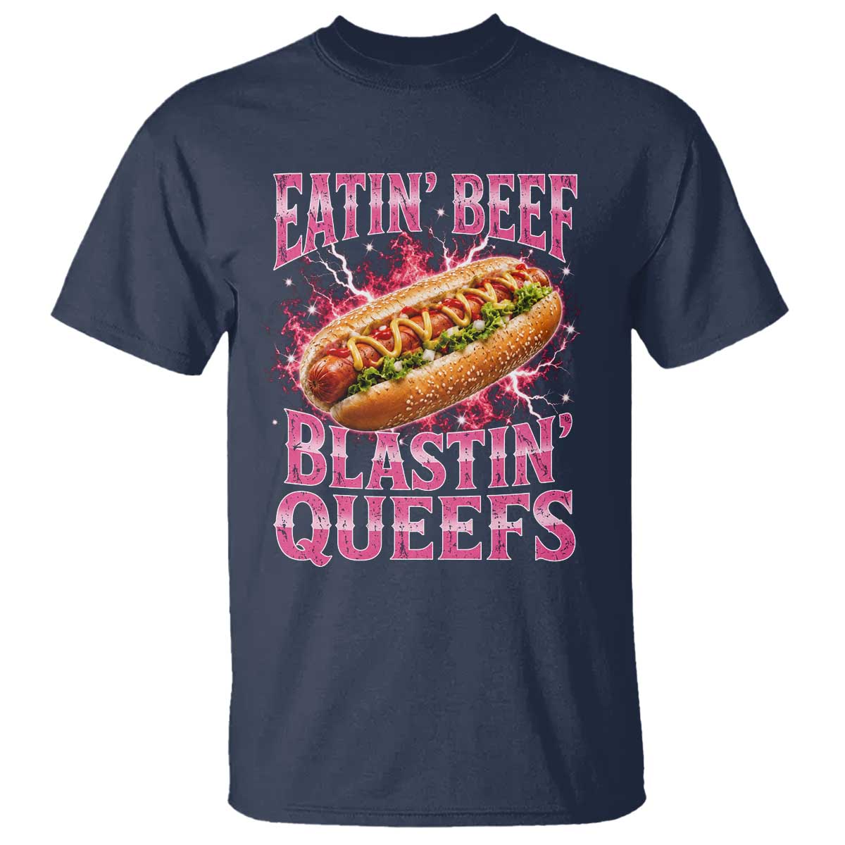 Eatin Beef Blastin' Queefs Funny Embarrassing Hot Dog Retro Bootleg T Shirt TS11 Navy Print Your Wear