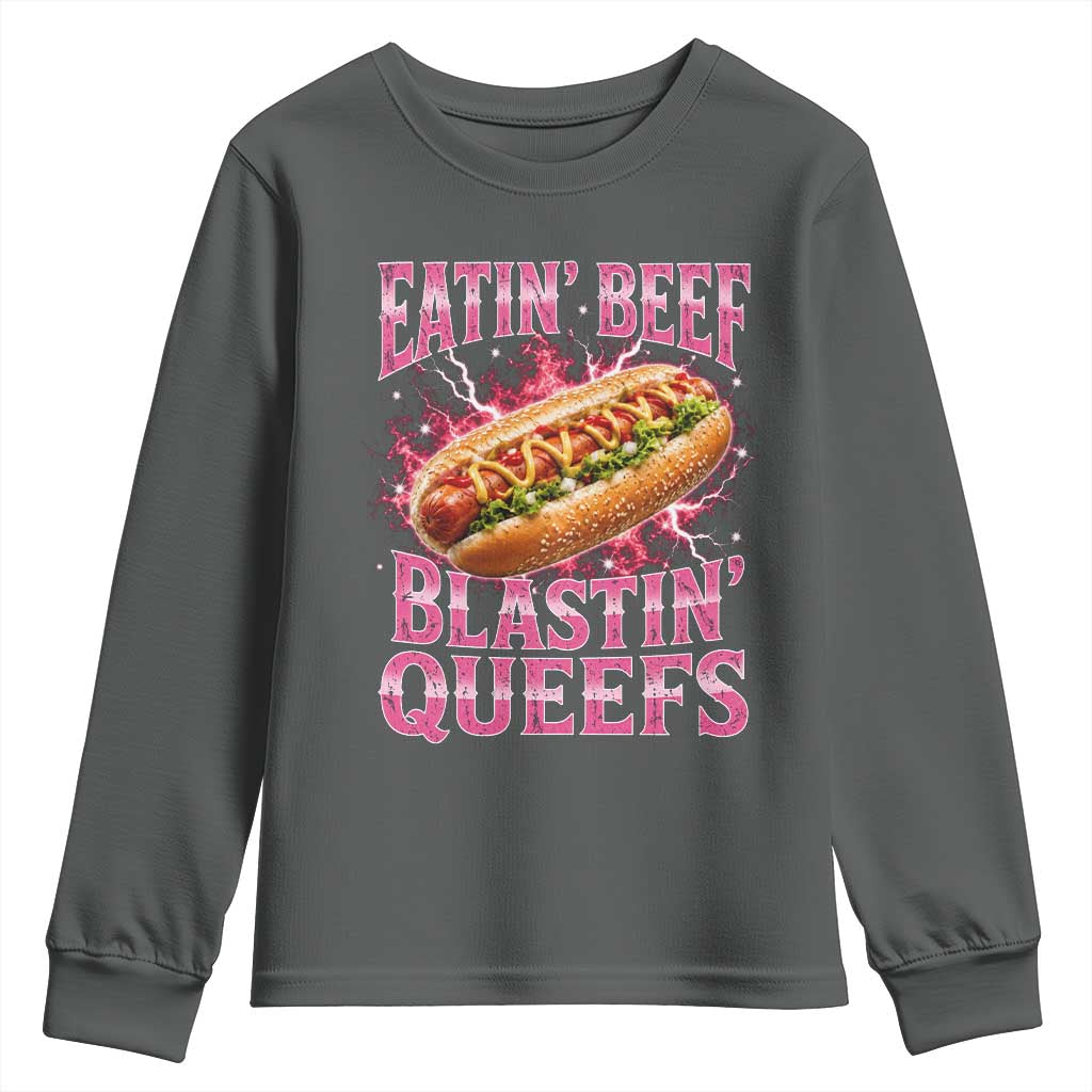 Eatin Beef Blastin' Queefs Funny Embarrassing Hot Dog Retro Bootleg Youth Sweatshirt TS11 Dark Heather Print Your Wear