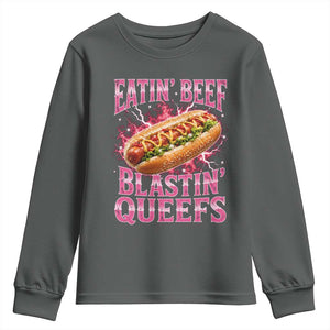 Eatin Beef Blastin' Queefs Funny Embarrassing Hot Dog Retro Bootleg Youth Sweatshirt TS11 Dark Heather Print Your Wear
