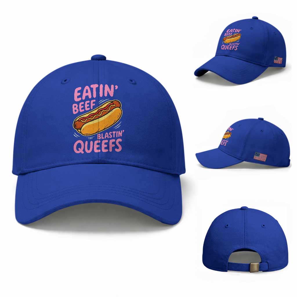 Eatin Beef Blastin' Queefs Funny Hot Dog Adult Humor Baseball Cap TS11 Baseball Cap Universal Fit Royal Blue Print Your Wear