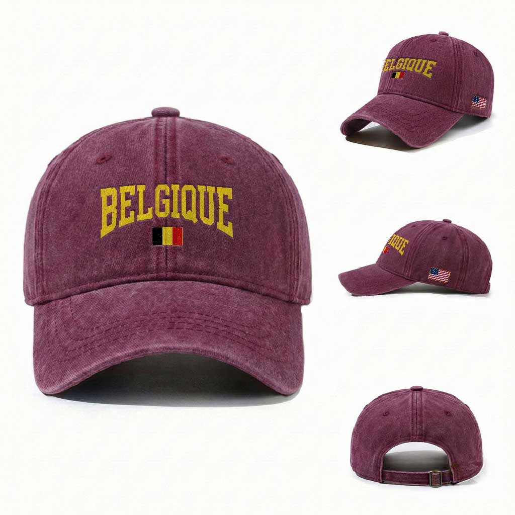 Belgium Belgique Throwback Design Vintage Belgian Flag Jersey Style Washed Cotton Baseball Cap TS11 Washed Cap Universal Fit Burgundy Print Your Wear