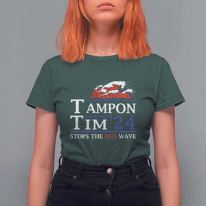 Funny Walz T Shirt For Women Tampon Tim'24 Stops The Red Wave American Election TS11 Dark Forest Green Print Your Wear