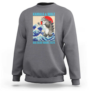 Kamala Walz 2024 Sweatshirt Big Blue Wave Cat Tsunami Sun Japanese Painting TS11 Charcoal Print Your Wear