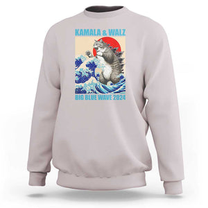 Kamala Walz 2024 Sweatshirt Big Blue Wave Cat Tsunami Sun Japanese Painting TS11 Ice Gray Print Your Wear