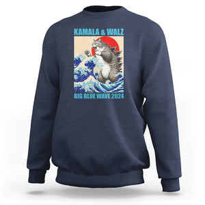 Kamala Walz 2024 Sweatshirt Big Blue Wave Cat Tsunami Sun Japanese Painting TS11 Navy Print Your Wear