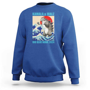 Kamala Walz 2024 Sweatshirt Big Blue Wave Cat Tsunami Sun Japanese Painting TS11 Royal Blue Print Your Wear