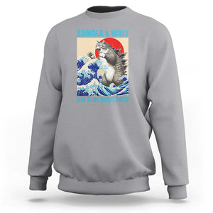 Kamala Walz 2024 Sweatshirt Big Blue Wave Cat Tsunami Sun Japanese Painting TS11 Sport Gray Print Your Wear