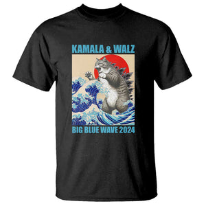 Kamala Walz 2024 T Shirt Big Blue Wave Cat Tsunami Sun Japanese Painting TS11 Black Print Your Wear