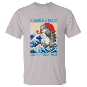 Kamala Walz 2024 T Shirt Big Blue Wave Cat Tsunami Sun Japanese Painting TS11 Ice Gray Print Your Wear