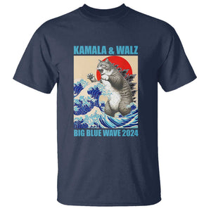 Kamala Walz 2024 T Shirt Big Blue Wave Cat Tsunami Sun Japanese Painting TS11 Navy Print Your Wear