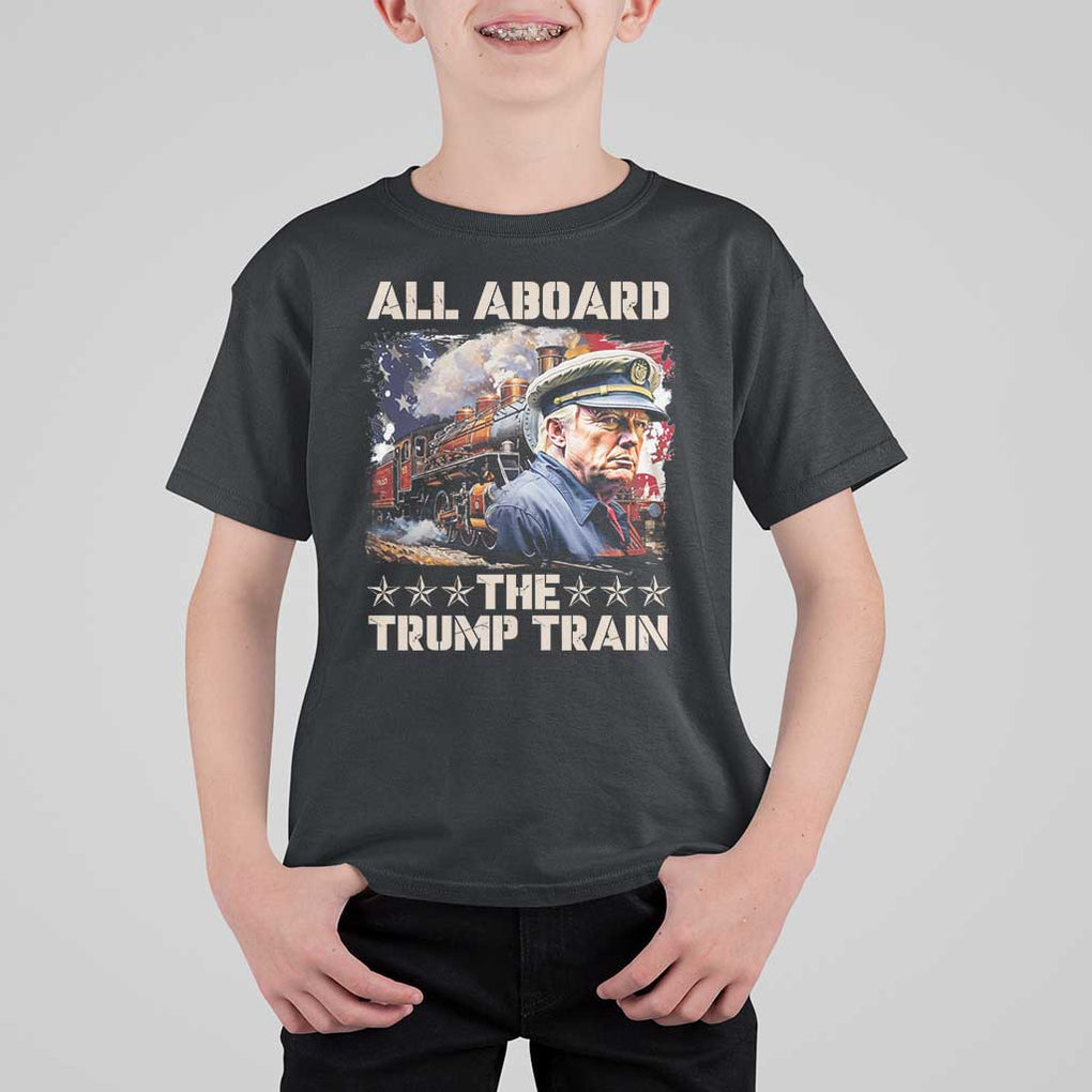 Trump Supporter 2024 T Shirt For Kid All Aboard The Trump Train USA American Flag TS11 Black Print Your Wear