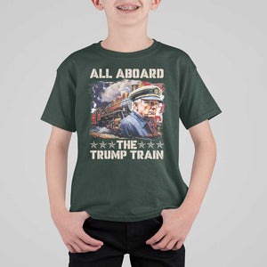 Trump Supporter 2024 T Shirt For Kid All Aboard The Trump Train USA American Flag TS11 Dark Forest Green Print Your Wear