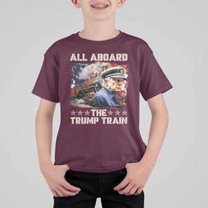 Trump Supporter 2024 T Shirt For Kid All Aboard The Trump Train USA American Flag TS11 Maroon Print Your Wear