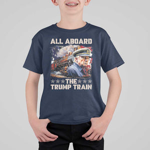 Trump Supporter 2024 T Shirt For Kid All Aboard The Trump Train USA American Flag TS11 Navy Print Your Wear