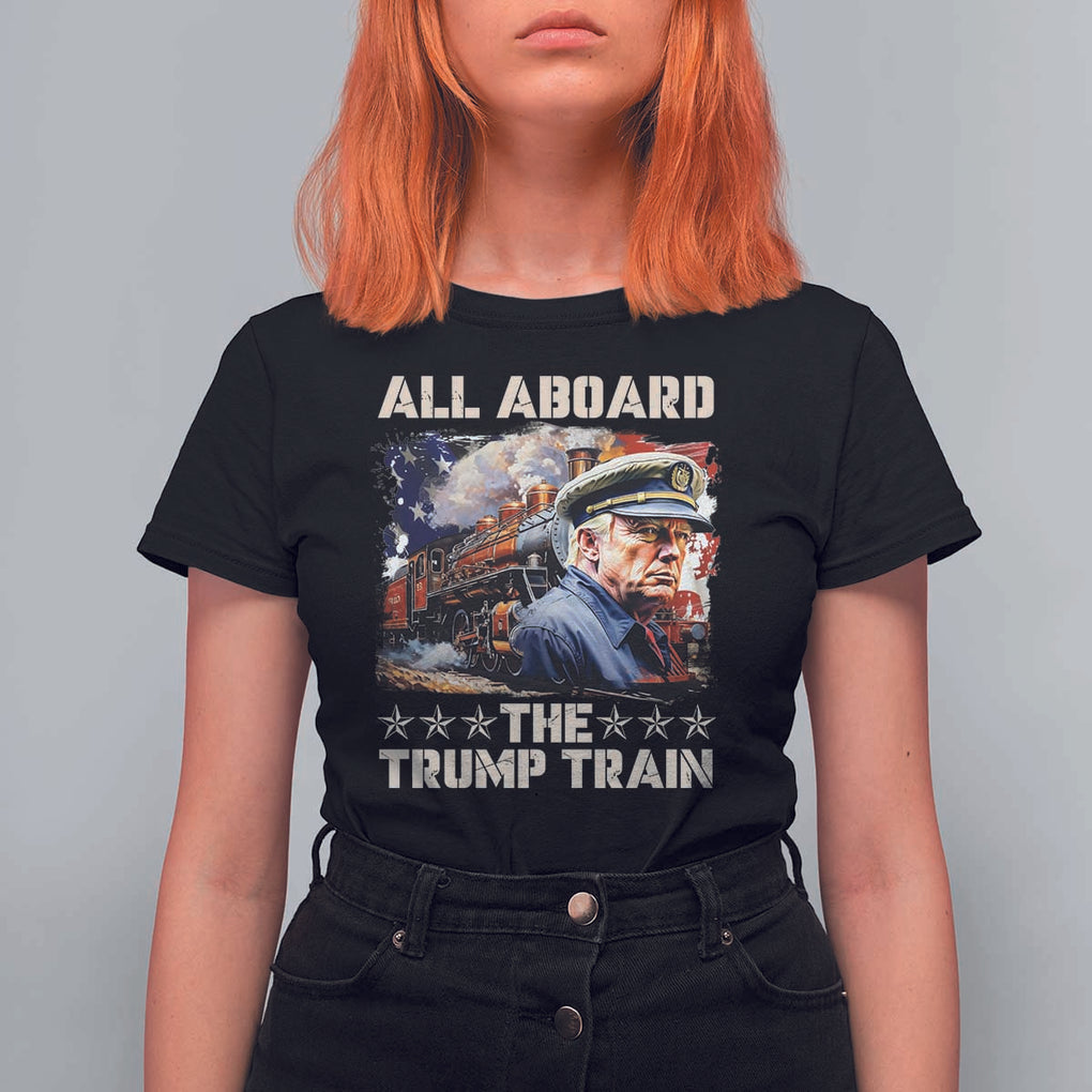 Trump Supporter 2024 T Shirt For Women All Aboard The Trump Train USA American Flag TS11 Black Print Your Wear