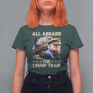 Trump Supporter 2024 T Shirt For Women All Aboard The Trump Train USA American Flag TS11 Dark Forest Green Print Your Wear