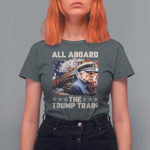 Trump Supporter 2024 T Shirt For Women All Aboard The Trump Train USA American Flag TS11 Dark Heather Print Your Wear