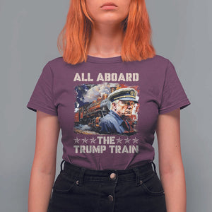 Trump Supporter 2024 T Shirt For Women All Aboard The Trump Train USA American Flag TS11 Maroon Print Your Wear