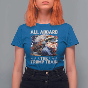 Trump Supporter 2024 T Shirt For Women All Aboard The Trump Train USA American Flag TS11 Royal Blue Print Your Wear