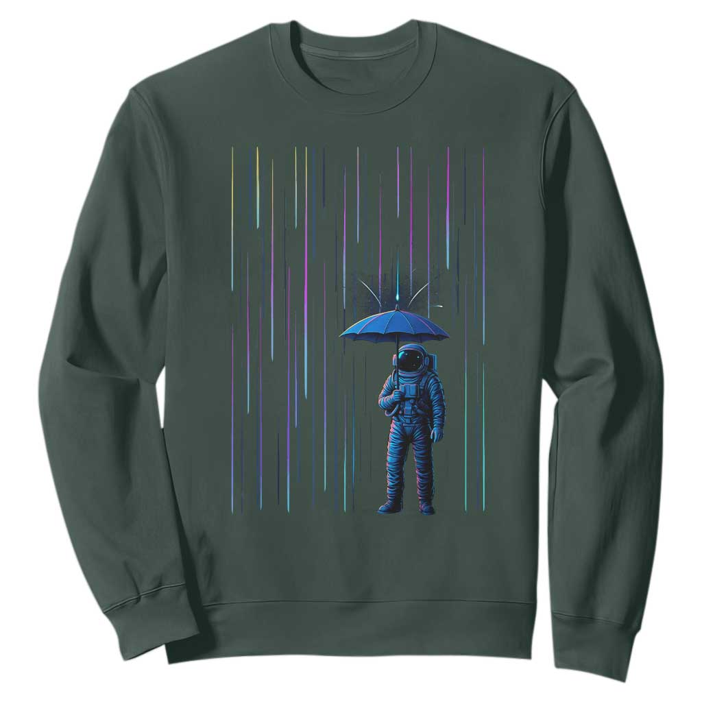 Perseid Meteor Shower Raining Astronaut With Umbrella Sweatshirt TS11 Dark Forest Green Print Your Wear
