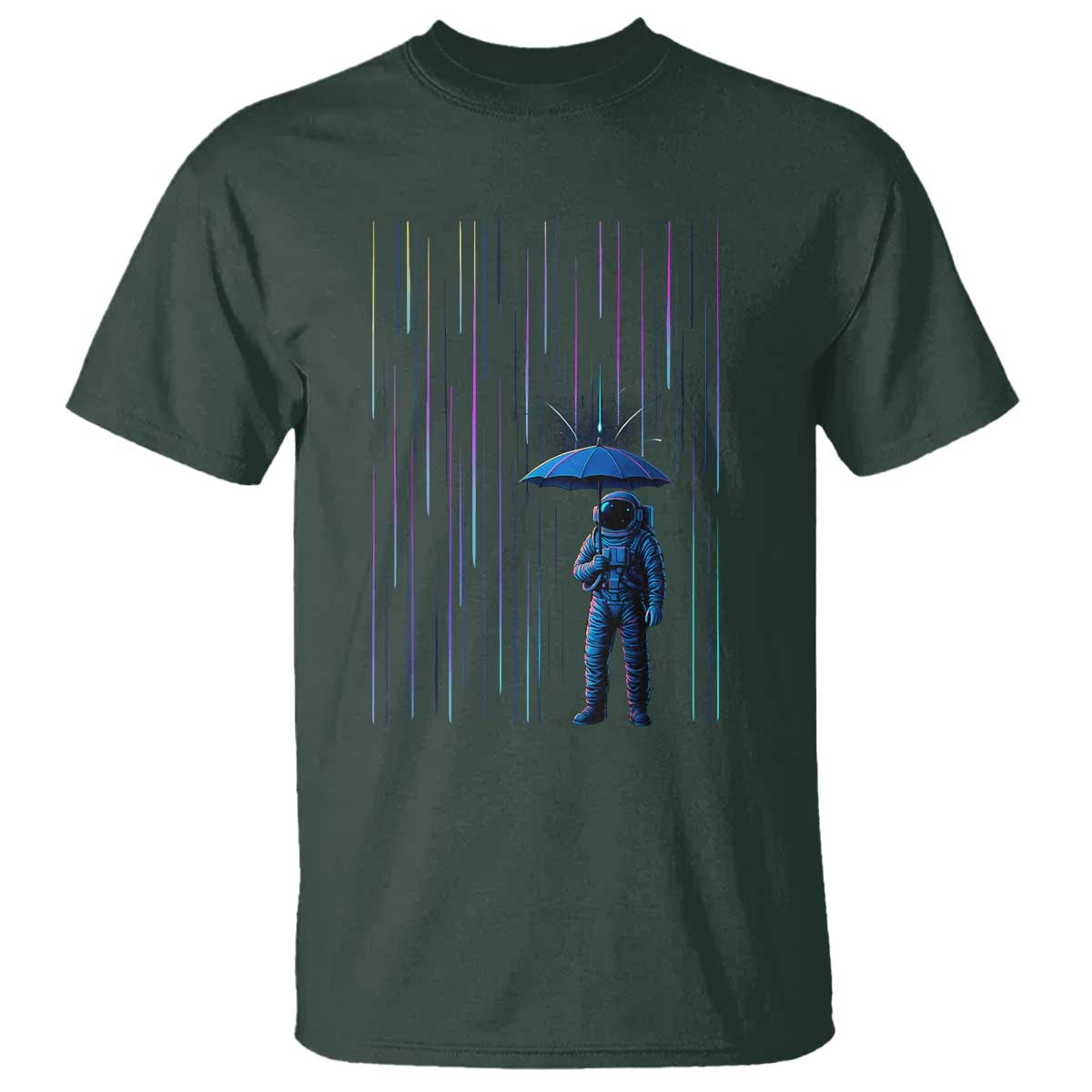 Perseid Meteor Shower Raining Astronaut With Umbrella T Shirt TS11 Dark Forest Green Print Your Wear