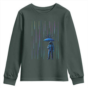 Perseid Meteor Shower Raining Astronaut With Umbrella Youth Sweatshirt TS11 Dark Forest Green Print Your Wear