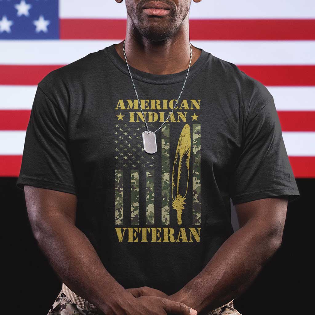 American Indian Veteran T Shirt Native American Veteran Feathers Camo Flag TS11 Black Print Your Wear