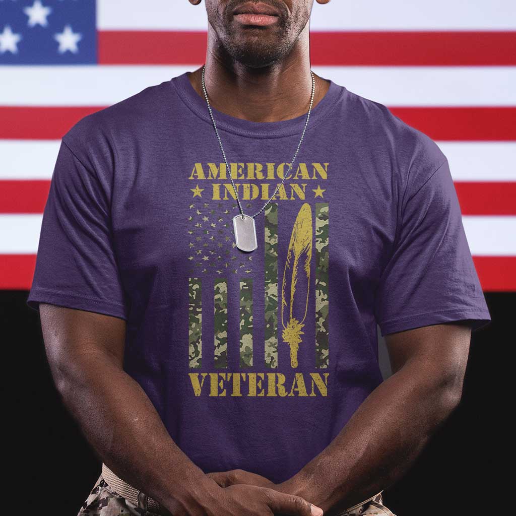 American Indian Veteran T Shirt Native American Veteran Feathers Camo Flag TS11 Purple Print Your Wear