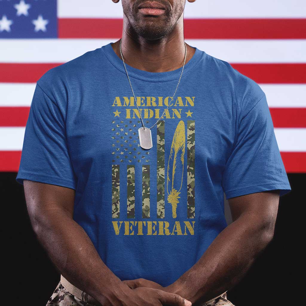 American Indian Veteran T Shirt Native American Veteran Feathers Camo Flag TS11 Royal Blue Print Your Wear