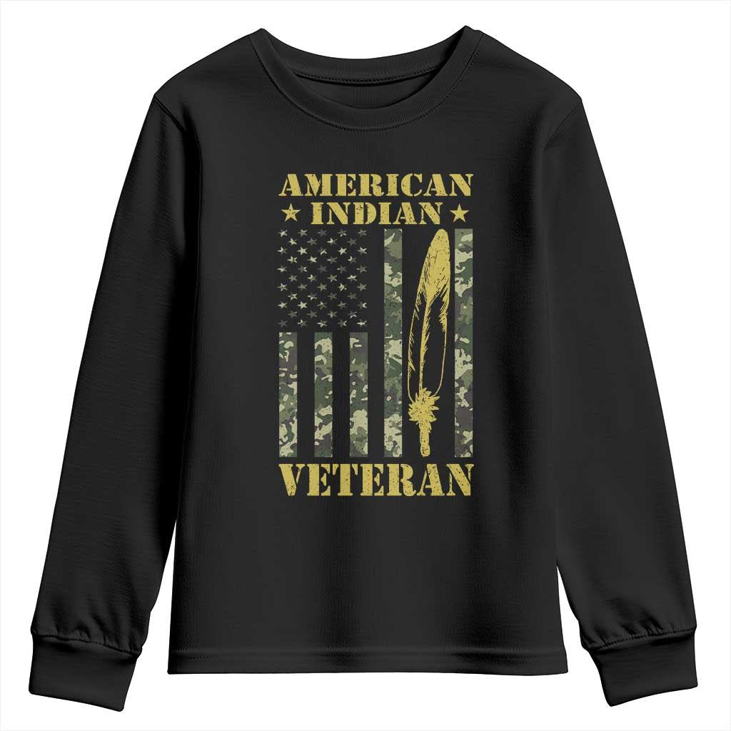 American Indian Veteran Youth Sweatshirt Native American Veteran Feathers Camo Flag TS11 Black Print Your Wear