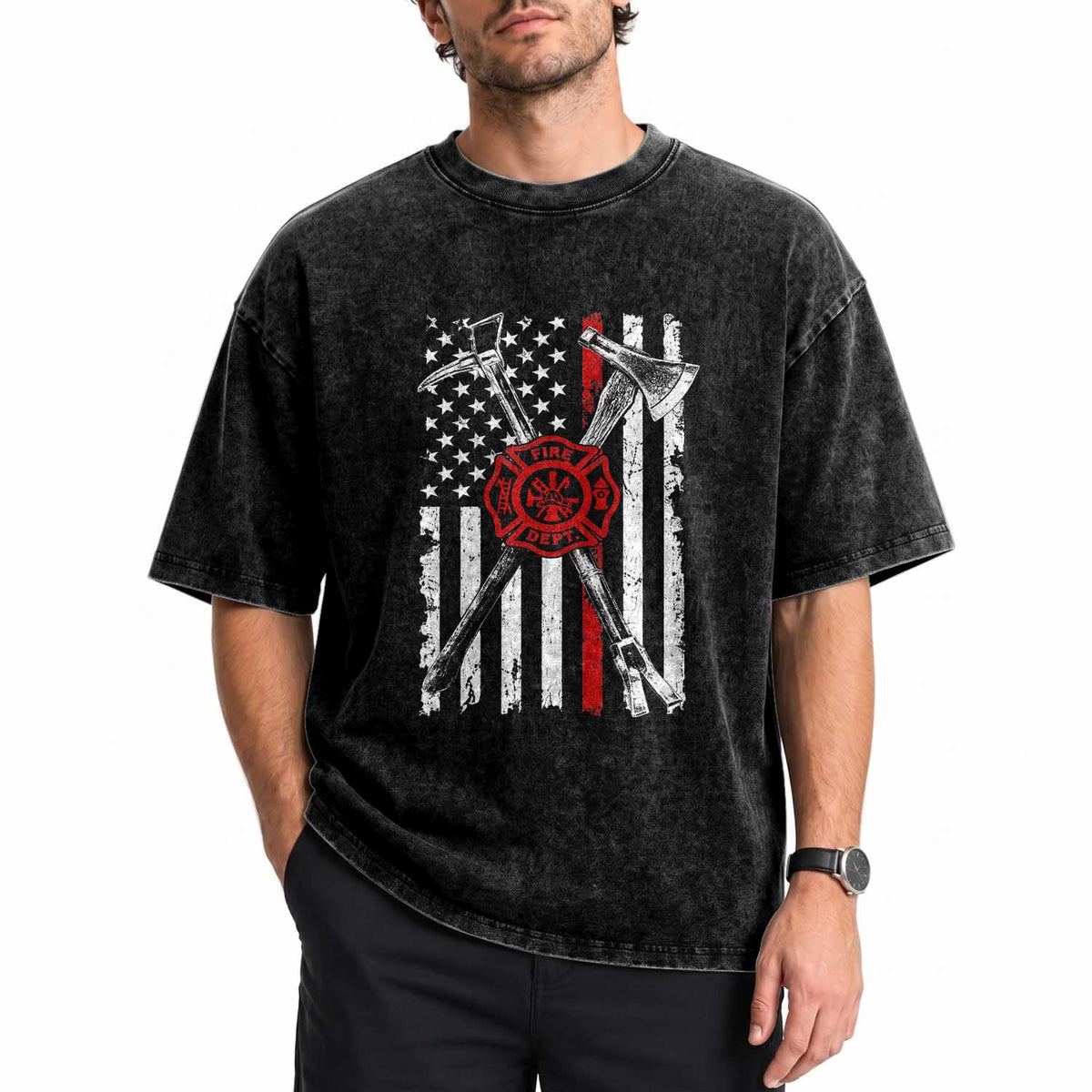 Patriotic Firefighter Axe Halligan Vintage American Flag Washed Cotton T-Shirt
