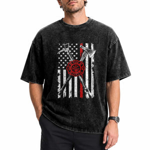 Patriotic Firefighter Axe Halligan Vintage American Flag Washed Cotton T-Shirt