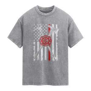 Patriotic Firefighter Axe Halligan Vintage American Flag Washed Cotton T-Shirt