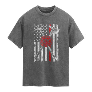 Patriotic Firefighter Axe Halligan Vintage American Flag Washed Cotton T-Shirt