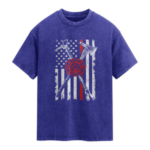 Patriotic Firefighter Axe Halligan Vintage American Flag Washed Cotton T-Shirt