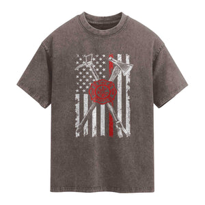 Patriotic Firefighter Axe Halligan Vintage American Flag Washed Cotton T-Shirt