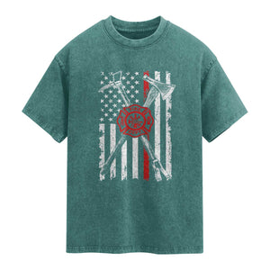 Patriotic Firefighter Axe Halligan Vintage American Flag Washed Cotton T-Shirt