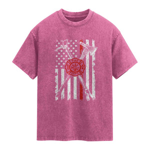 Patriotic Firefighter Axe Halligan Vintage American Flag Washed Cotton T-Shirt
