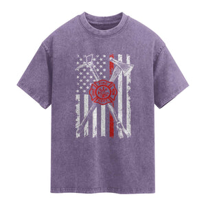Patriotic Firefighter Axe Halligan Vintage American Flag Washed Cotton T-Shirt