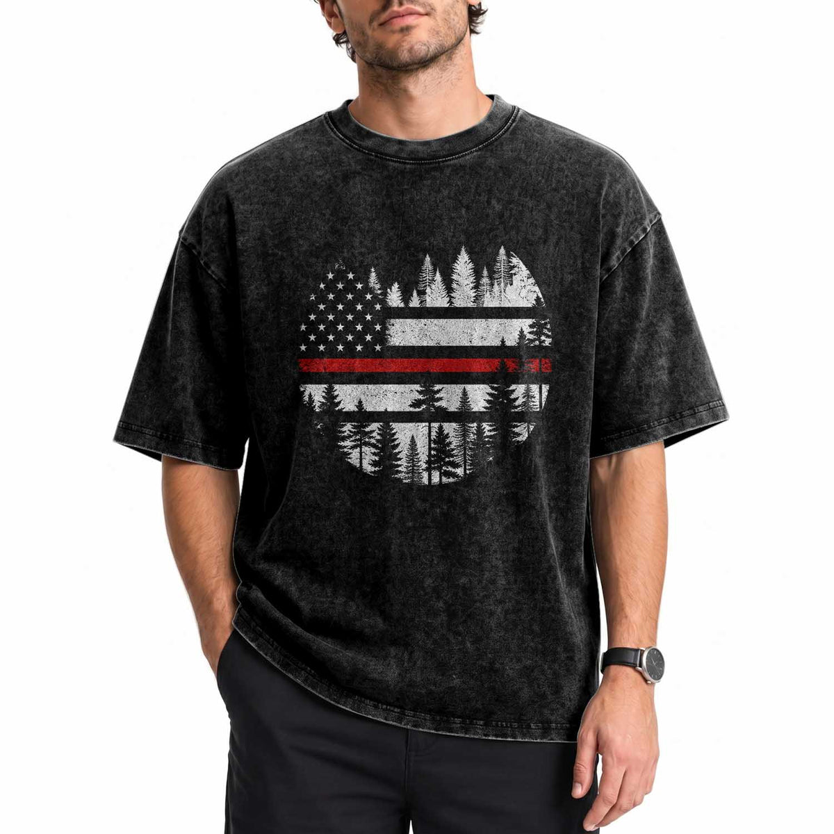 Wildland Firefighter Forest Red Line American Flag Washed Cotton T-Shirt