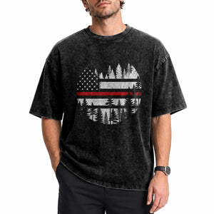 Wildland Firefighter Forest Red Line American Flag Washed Cotton T-Shirt