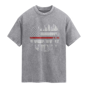 Wildland Firefighter Forest Red Line American Flag Washed Cotton T-Shirt