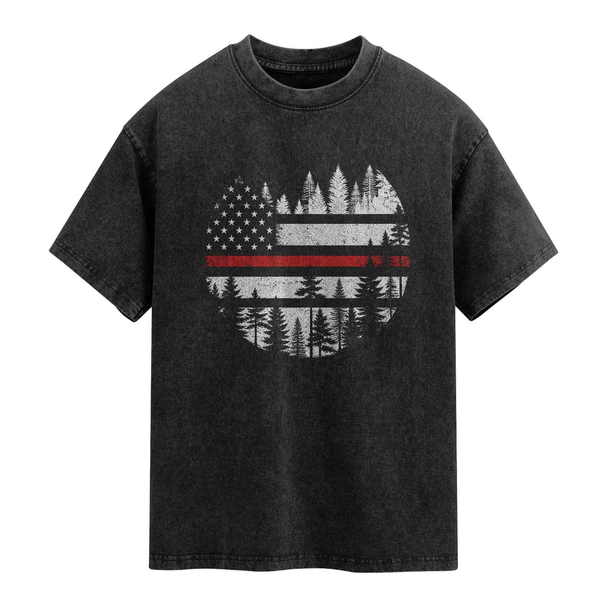 Wildland Firefighter Forest Red Line American Flag Washed Cotton T-Shirt
